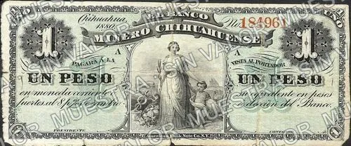 1 peso, Banco Minero Chihuahuense green underprint one of the stolen notes (M147), M147a $1 Banco Minero Chihuahuense green underprint (one of the stolen notes, anverso