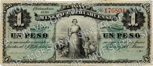 1 peso, Banco Minero Chihuahuense green underprint one of the stolen notes (M147), M147a $1 Banco Minero Chihuahuense green underprint (one of the stolen notes, anverso