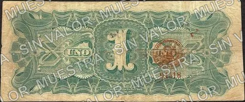 1 peso, Banco Minero Chihuahuense pink underprint (M149), M149d $1 Banco Minero Chihuahuense green underprint, VALOR PESOS FUERTES A LA PAR and VALE POR PESOS FUERTES A LA PAR twice, reverso