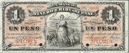 1 peso, Banco Minero Chihuahuense pink underprint (M149), anverso (M149s $1 Banco Minero Chihuahuense specimen)