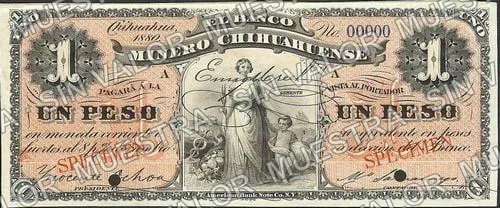 1 peso, Banco Minero Chihuahuense pink underprint (M149), anverso (M149s $1 Banco Minero Chihuahuense specimen)