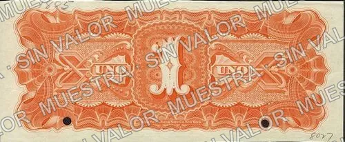 1 peso, Banco Minero Chihuahuense pink underprint (M149), reverso (M149s $1 Banco Minero Chihuahuense specimen)