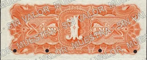1 peso, Banco Minero Chihuahuense pink underprint (M149), reverso (M149s $1 Banco Minero Chihuahuense specimen)