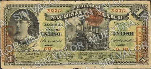 1 peso, Banco Nacional de México (M296), anverso (M296c $1 overprinted 'PAGADERO EN CHIHUAHUA' and needlepunched 'CHIHUAHUA')