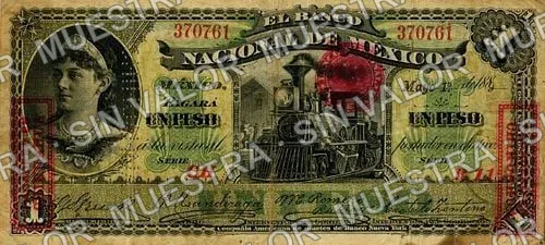 1 peso, Banco Nacional de México (M296), anverso (M296d $1 overprinted 'PAGADERO EN CHIHUAHUA', needlepunched 'CHIHUAHUA' and overprinted 'Pagadero en Mexico / y en todas las Sucursales / sin descuento' on reverse)