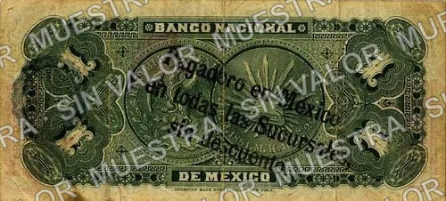 1 peso, Banco Nacional de México (M296), reverso (M296d $1 overprinted 'PAGADERO EN CHIHUAHUA', needlepunched 'CHIHUAHUA' and overprinted 'Pagadero en Mexico / y en todas las Sucursales / sin descuento' on reverse)