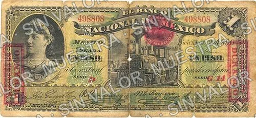 1 peso, Banco Nacional de México (M296), anverso (M296e $1 overprinted 'PAGADERO EN DURANGO' and needlepunched 'DURANGO')