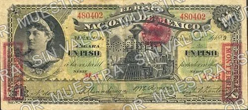 1 peso, Banco Nacional de México (M296), anverso (M296g $1 overprinted 'PAGADERO EN MONTERREY' and needlepunched 'MONTERREY')