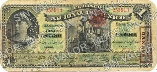 1 peso, Banco Nacional de México (M296), anverso (M296h $1 overprinted 'PAGADERO EN OAXACA' and needlepunched 'OAXACA')