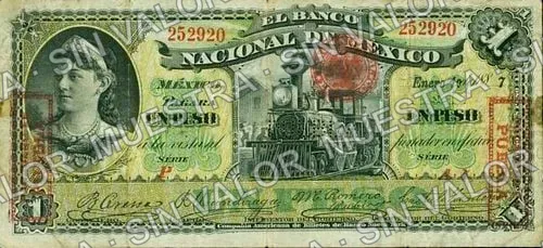 1 peso, Banco Nacional de México (M296), anverso (M296i $1 overprinted 'PAGADERO EN PUEBLA')