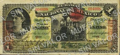 1 peso, Banco Nacional de México (M296), anverso (M296j $1 overprinted 'PAGADERO EN SAN LUIS POTOSI' and needlepunched 'SAN LUIS POTOSI')