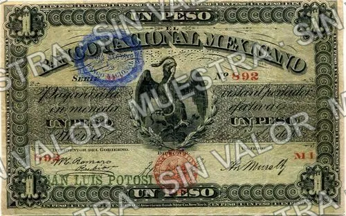 1 peso, Banco Nacional Mexicano (M307), anverso (M307b $1 overprinted 'SAN LUIS POTOSI' and needlepunched 'SAN LUIS POTOSI')