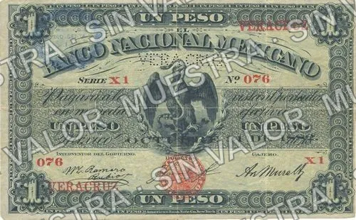 1 peso, Banco Nacional Mexicano (M307), anverso (M307c $1 overprinted and needle-punched 'VERACRUZ')