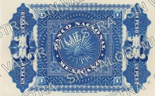 1 peso, Banco Nacional Mexicano (M307), reverso (M307s $1 Banco Nacional Mexicano specimen)