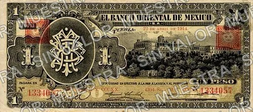 1 peso, Banco Oriental de México (M468), anverso (M468b $1 Banco Oriental de México)