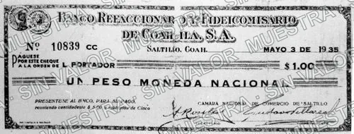 1 peso, Banco Refaccionario y Fideicomisario de Coahuila (M4267), M4267 $1 Banco Refaccionario y Fideicomisario de Coahuila, anverso