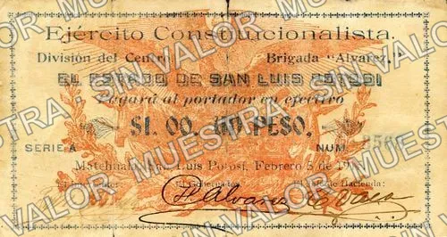 1 peso, Brigada Alvarez signed by J. Azcárate and H. Alvarez (M3660), anverso (M3660 $1 Brigada Alvarez (signed by J. M. Acosta, H. Alvarez and C. Vaca))
