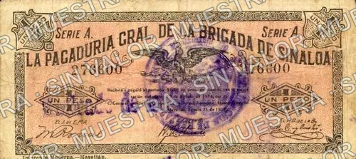 1 peso, Brigada de Sinaloa (M3722), anverso (M3722c $1 Brigada de Sinaloa Retirado de la Circulación)