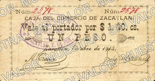 1 peso, Caja de Comercio de Zacatlán (M3618), anverso