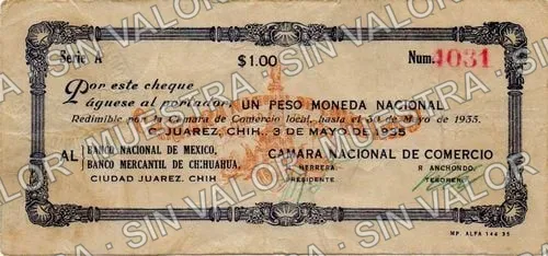1 peso, Cámara Nacional de Comercio (M4254), M4254 $1 Cámara Nacional de Comercio, anverso