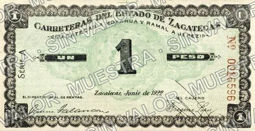 1 peso, Carreteras del Estado de Zacatecas (M4508), M4508 $1 Carreteras del Estado de Zacatecas, anverso