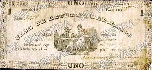 1 peso, Casa de Becerra Hermanos, Serie D (M665), M665 $1 Casa de Becerra Hermanos, Serie D, anverso