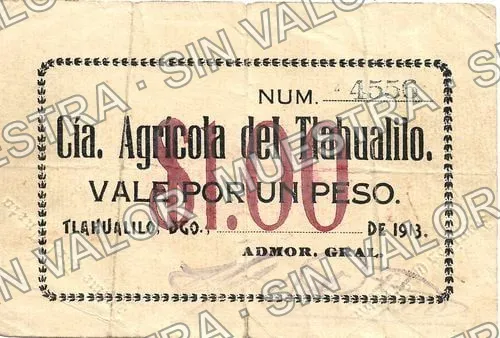 1 peso, Cía. Agrícola de Tlahualilo (M1573), anverso