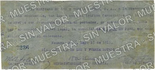 1 peso, Cía, Mexicana de Luz y Fuerza Motriz (M3581), M3581 $1 Cía, Mexicana de Luz y Fuerza Motriz, anverso