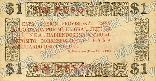 1 peso, Comercio de Matamoros (M3909), M3909b $1 Comercio de Matamoros, reverso