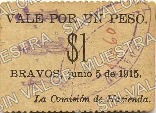 1 peso, Comisión de Hacienda, Bravos (M1924), anverso (M1924b $1 Comisión de Hacienda, Bravos)