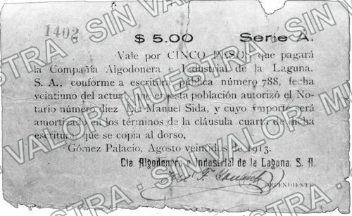 1 peso, Compañía Algodonera e Industrial de la Laguna (M1541), anverso