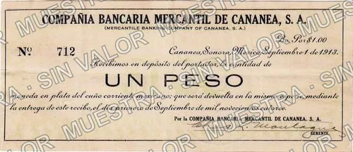 1 peso, Compañía Bancaria Mercantil de Cananea (M3836), anverso