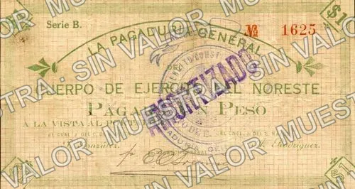 1 peso, Cuerpo de E. del Noroeste (M3330), anverso (M3330b $1 overprinted 'RETIRADO')