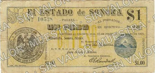 1 peso, El Estado de Sonora - 1st SeriesPosition 1 (M3815), anverso (M3815b $1 El Estado de Sonora - 2nd SeriesPosition 1)