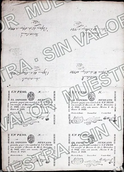 1 peso, El Imperio Mexicano (M10), anverso (M10c $1 El Imperio Mexicano 'Inutilizado Oaxaca')