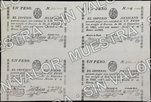 1 peso, El Imperio Mexicano (M10), anverso (M10e $1 El Imperio Mexicano uncut sheet of four)