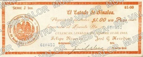 1 peso, Estado de Sinaloa (M3745), M3745a $1 Estado de Sinaloa, anverso