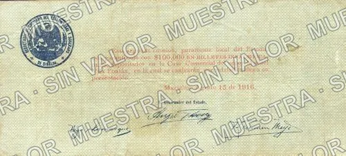 1 peso, Estado de Sinaloa (M3759), reverso (M3759b $1 Estado de Sinaloa)