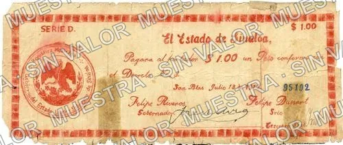 1 peso, Estado de Sinaloa (M3765), anverso (M3765 $1 Estado de Sinaloa)