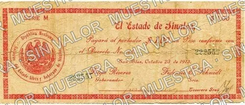 1 peso, Estado de Sinaloa (M3777), M3777 $1 Estado de Sinaloa, anverso