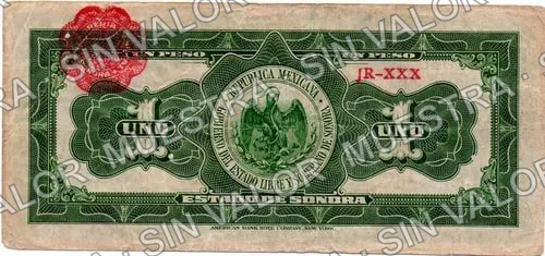1 peso, Estado de Sonora (M3821), reverso (M3821a $1 altered to $100)