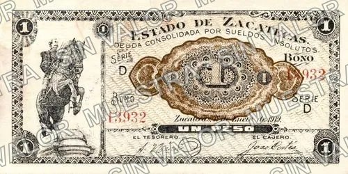 1 peso, Estado de Zacatecas (M4514), M4514 $1 Estado de Zacatecas, anverso