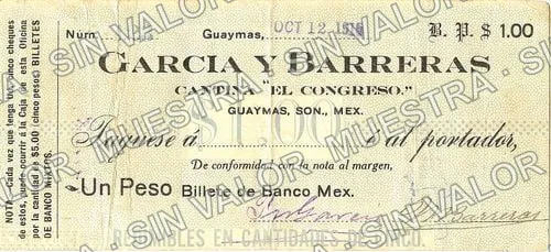1 peso, García y Barreras (M3850), M3850 $1 García y Barreras, anverso