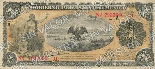 1 peso, Gobierno Provisional de México, suffix 'U' (M3968), anverso