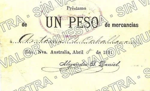 1 peso, Hacienda Nueva Australia (M627), M627 $1 Hacienda Nueva Australia, anverso