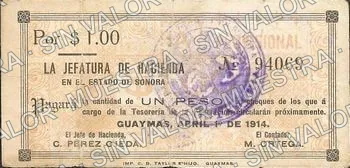 1 peso, La Jefatura de Hacienda (M3809), anverso (M3809a $1 with 'JEFATURA DE HACIENDA EN SONORA, CONTADURIA')