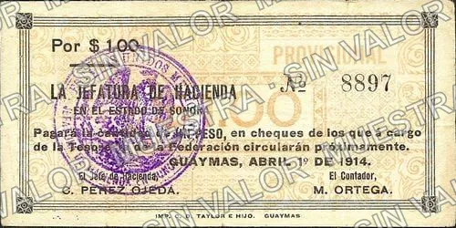 1 peso, La Jefatura de Hacienda (M3809), anverso (M3809a $1 La Jefatura de Hacienda without "A")