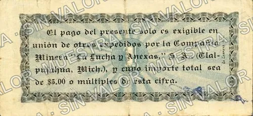 1 peso, La Lucha y Anexas (M3086), M3086a $1 La Lucha y Anexas, reverso