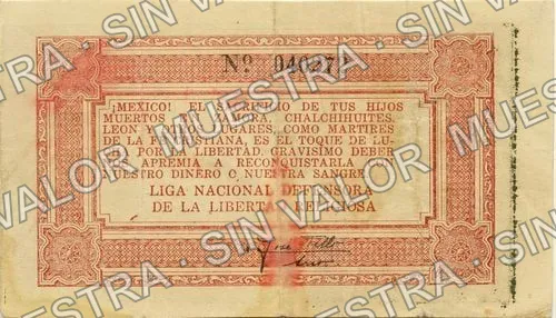 1 peso, Liga Nacional Defensora de la Libertad Religiosa (M4363), M4363 $1 Liga Nacional Defensora de la Libertad Religiosa, reverso