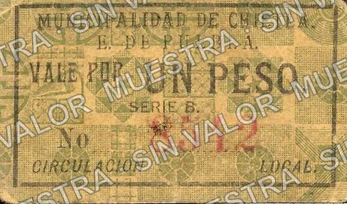1 peso, Municipalid de Chietla, Series B (M3541), M3541 $1 Municipalid de Chietla, Series B, anverso